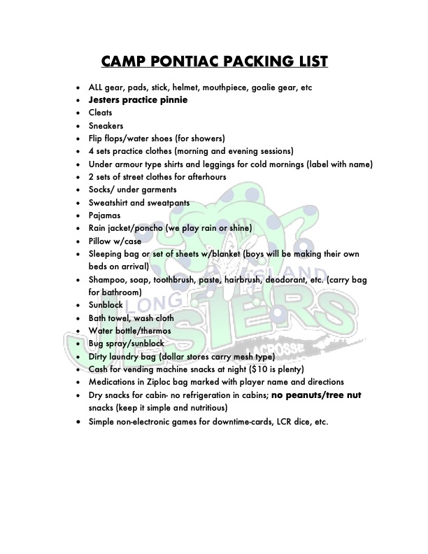 CAMP PONTIAC PACKING LIST BOYS CAMP PONTIAC PACKING LIST BOYS
